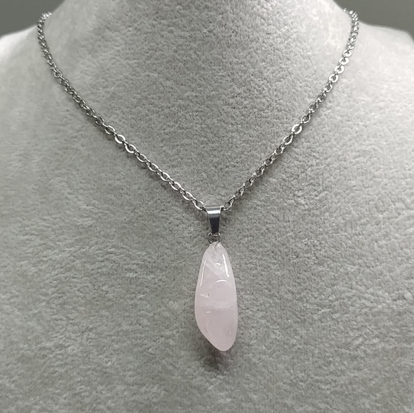 Rose Quartz Necklace Natural Gemstone Pink Crystal Pendant Stainless-Steel Chain - Picture 16 of 17